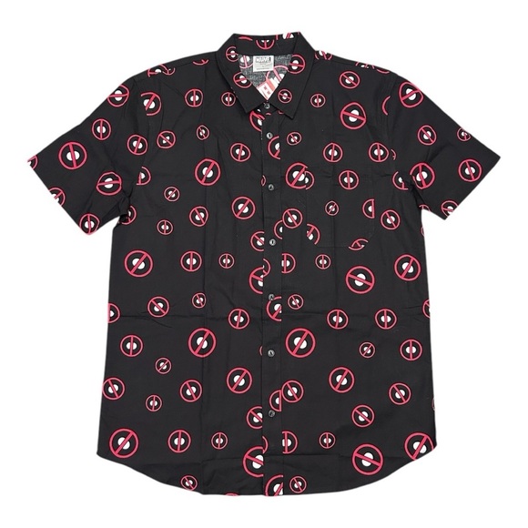 Marvel Deadpool Icon Symbol Button Shirt Short Sleeve All Over Print Black NWT - Picture 6 of 6